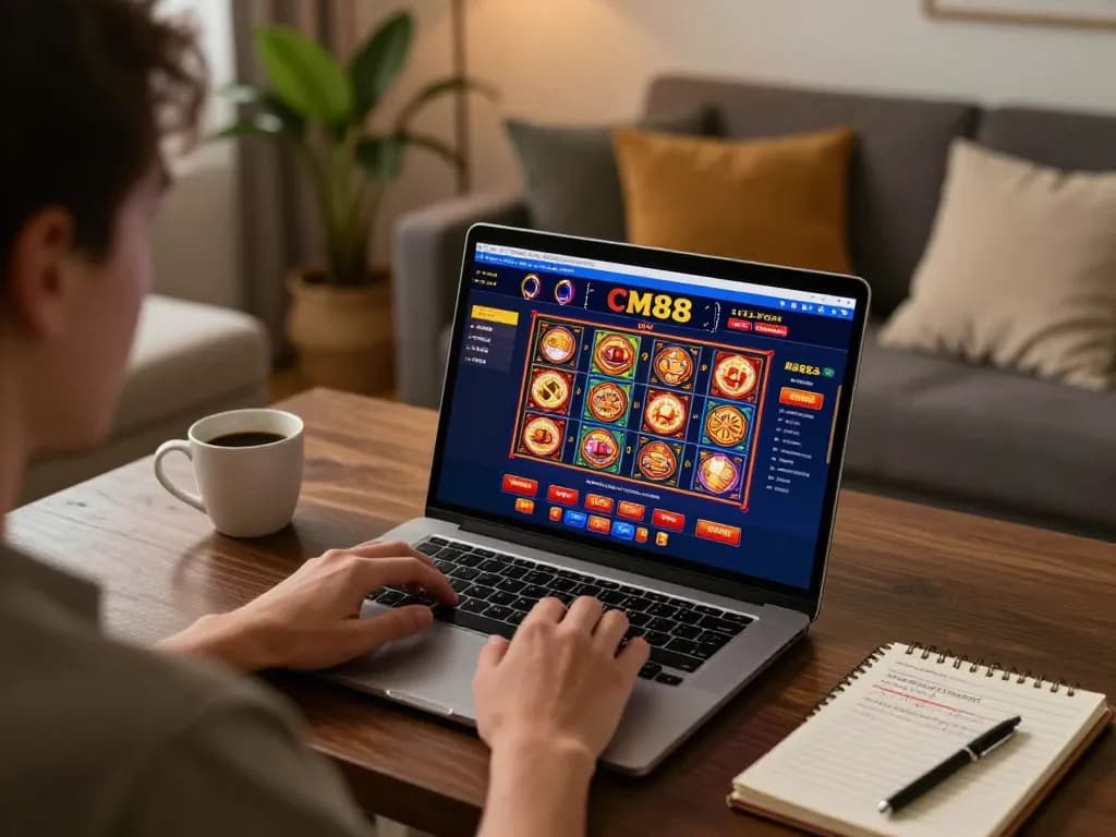 Player engaging in exciting CM88 online gaming, showcasing vibrant casino interface and home atmosphere.
