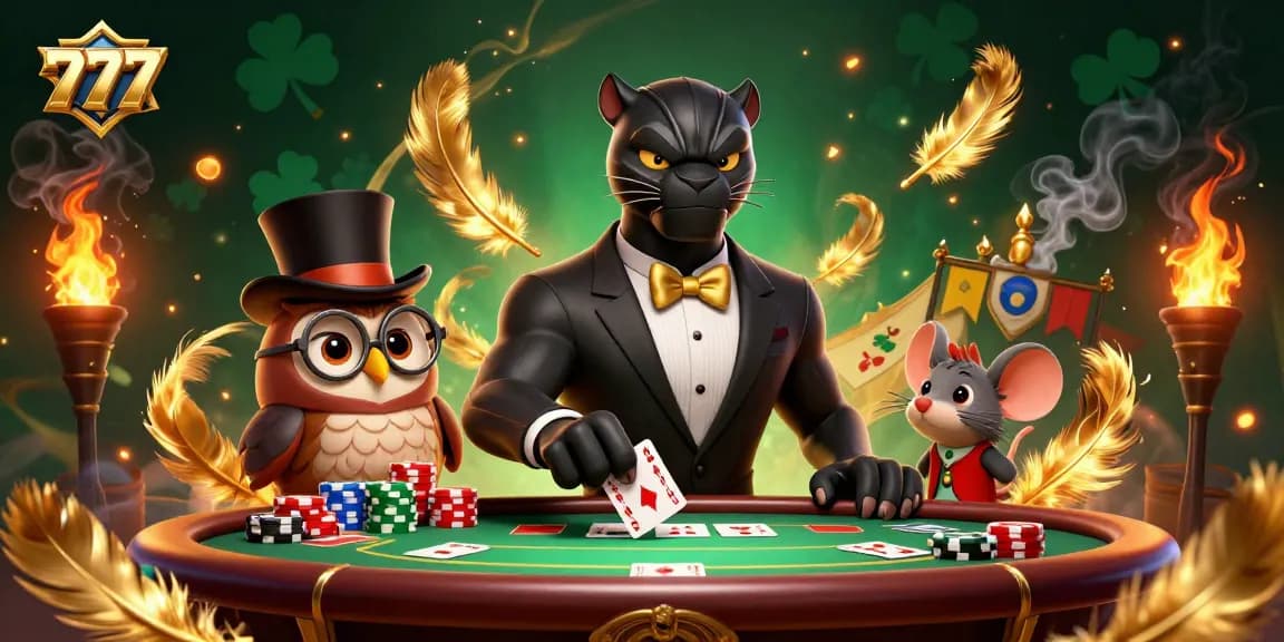 Experience the excitement of 777 casino gaming with a stylish panther dealer, owl, and mouse helping you win big!