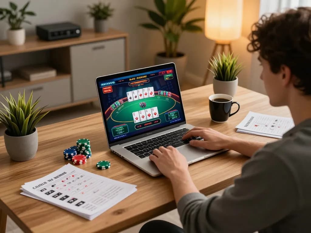 Experience dynamic online gaming with n188 in a cozy home setup, featuring poker on a laptop.