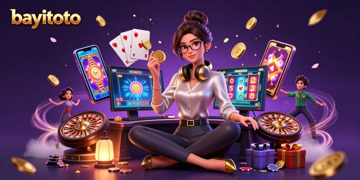 Engage with bayitoto's vibrant gaming scene featuring a professional gamer surrounded by dynamic casino elements.