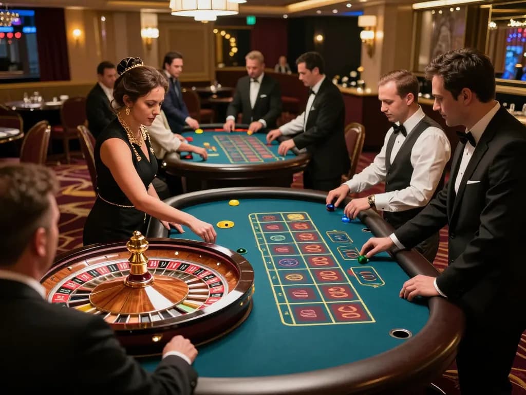 Pemain yang terlibat memasang taruhan di meja roulette di lingkungan kasino mewah sambil menikmati permainan bandar togel.