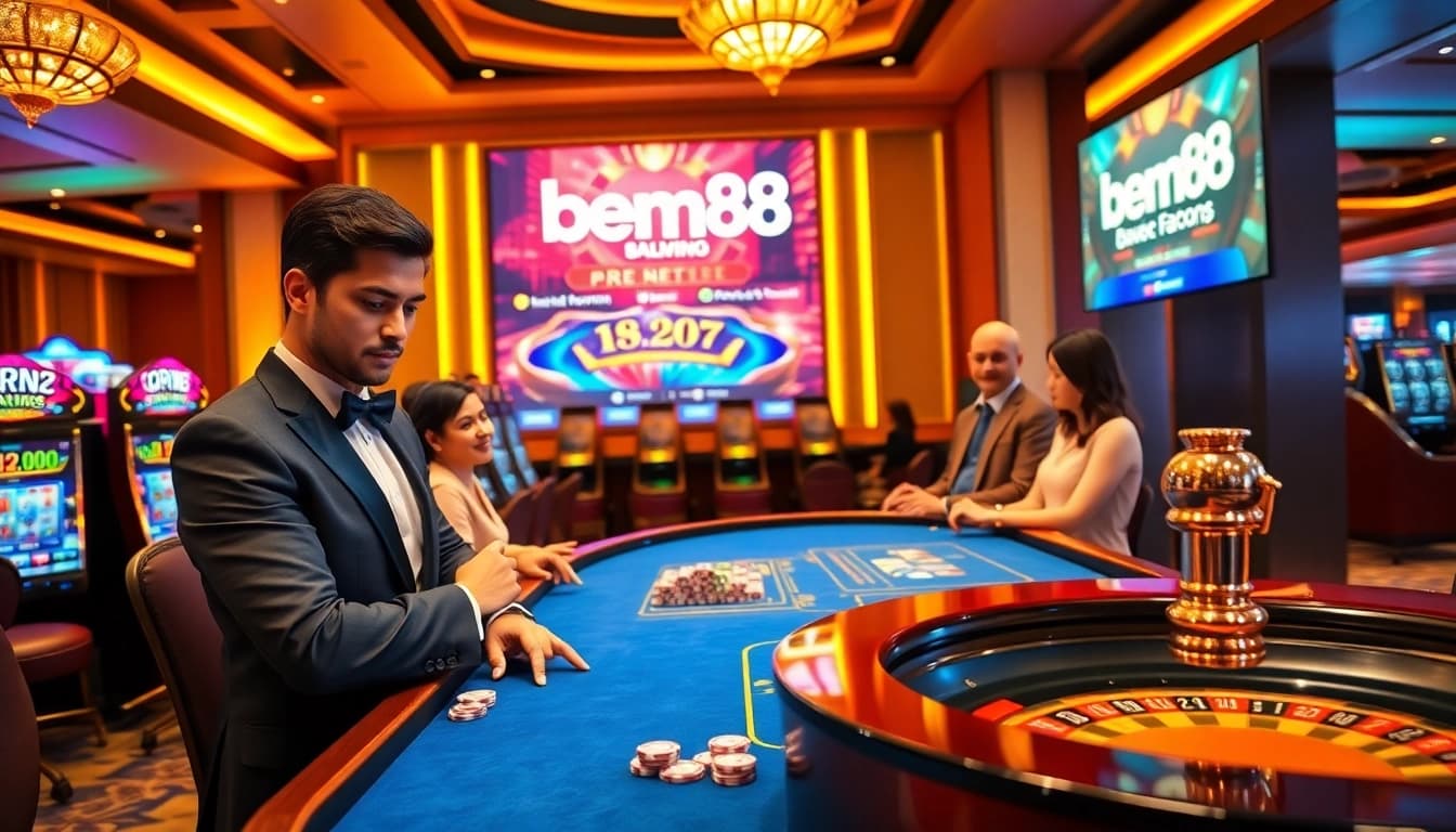 Experience the excitement of gaming at Bem88 with vibrant slot machines and a lively atmosphere.