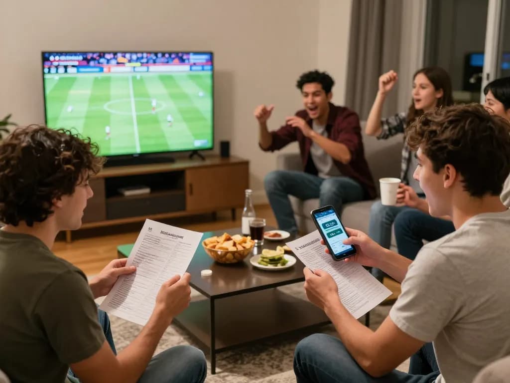 Soi kèo bóng đá action as friends excitedly discuss betting strategies while watching a match.