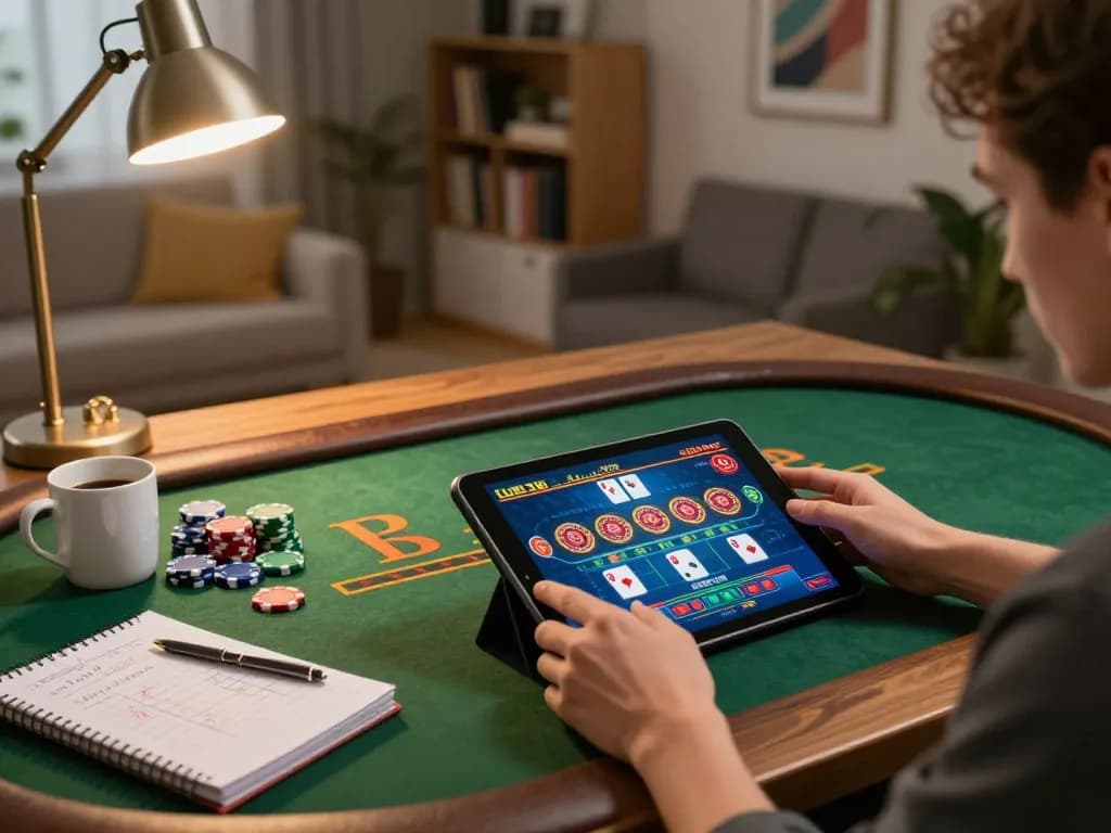 Player engaging in live casino gaming on tablet at home with vk88 strategy notes visible.