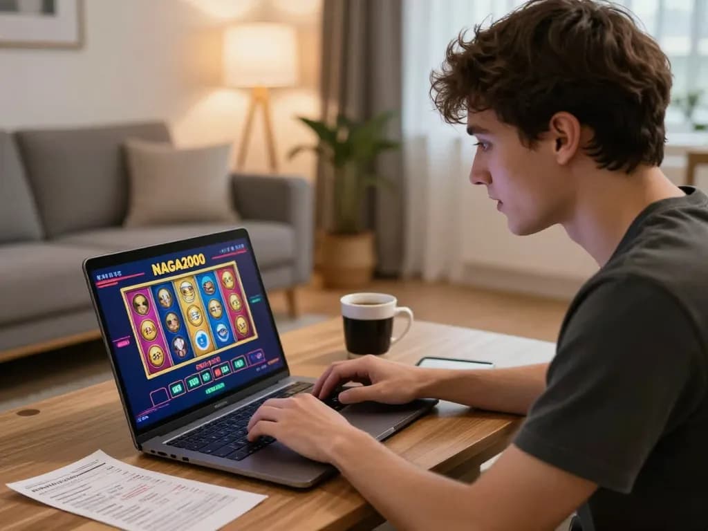 NAGA2000 player engaging with online slots in a vibrant home setting, emphasizing responsible gaming.