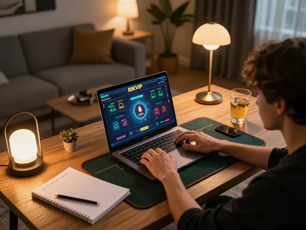 Engaging in online gameplay on RIKVIP platform at home with a laptop and strategic notes.