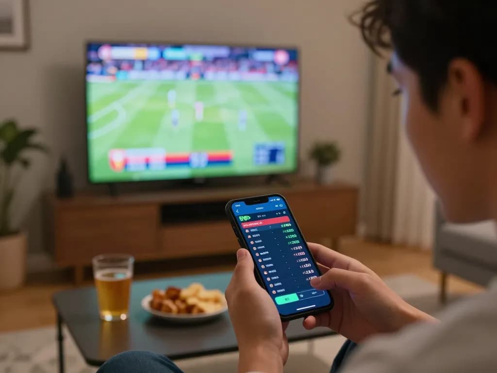 Engaging in live betting with may88 on a smartphone in a contemporary living room