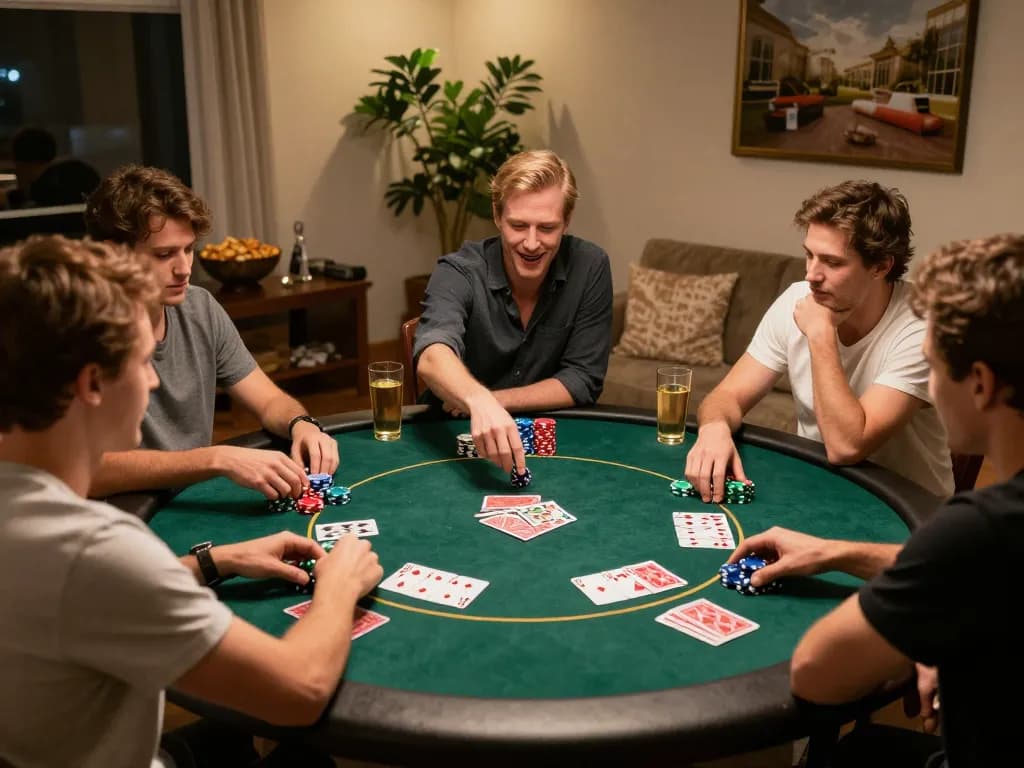 F8BET players enjoy a lively poker game at home, showcasing chips, cards, and excitement.
