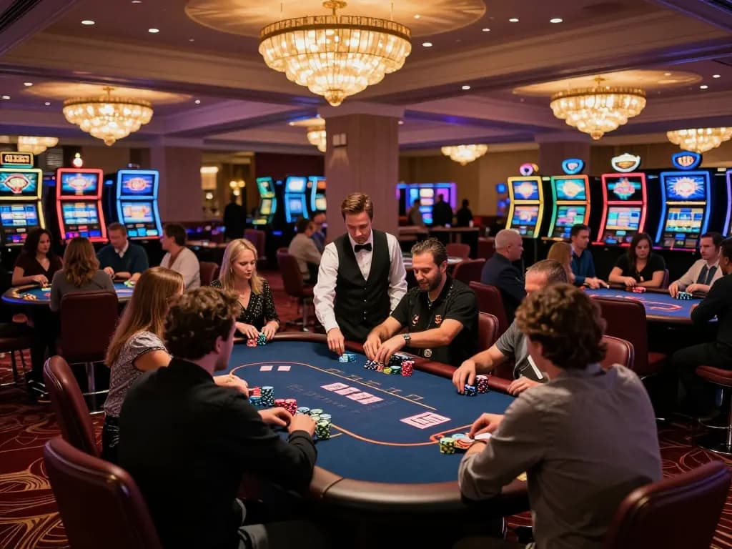 Engaging gameplay at B52 casino with players focused on poker tables and vibrant lighting.