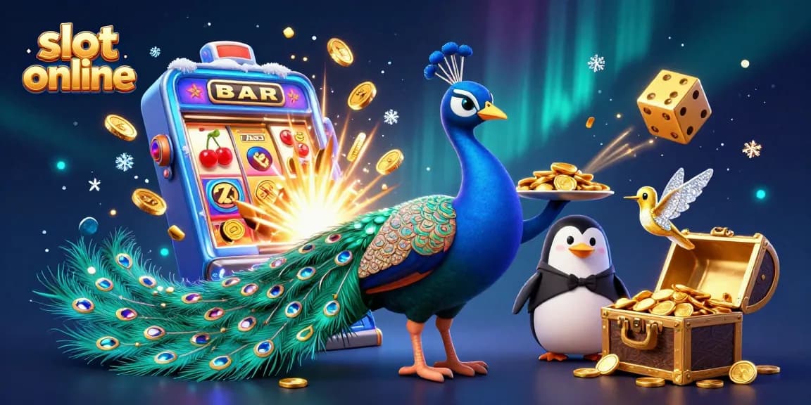 Experience slot online magic with vibrant peacock, penguin, and hummingbird in a lively casino scene.