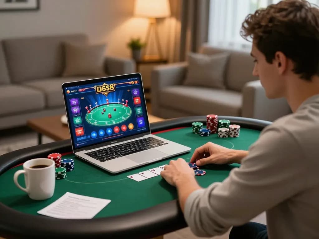 Player strategizing in online poker game at home using lucks8, showcasing excitement and strategy.