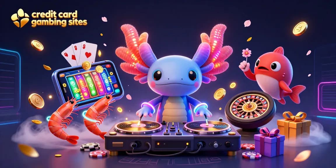 Engage with credit card gambling sites featuring festive axolotl DJ and dynamic game elements.