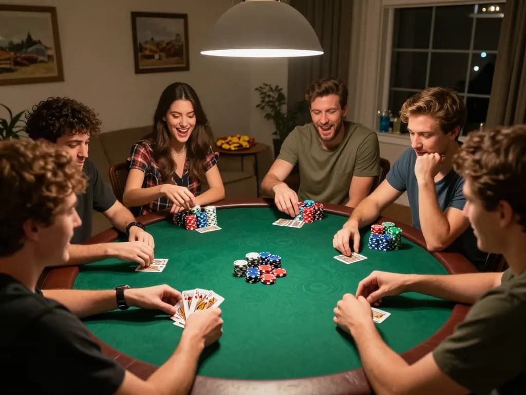 Experience ดูหนังออนไลน์ in a cozy setting with friends engaged in an exciting poker game at home.