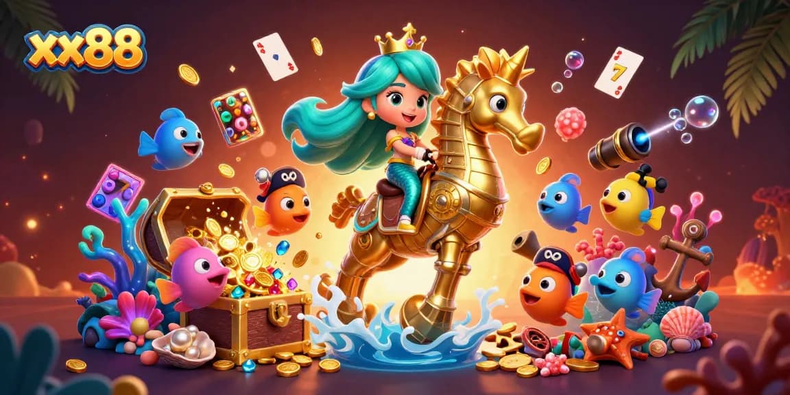 Experience thrilling gameplay at xx88 with a vibrant mermaid scene packed with underwater casino elements.
