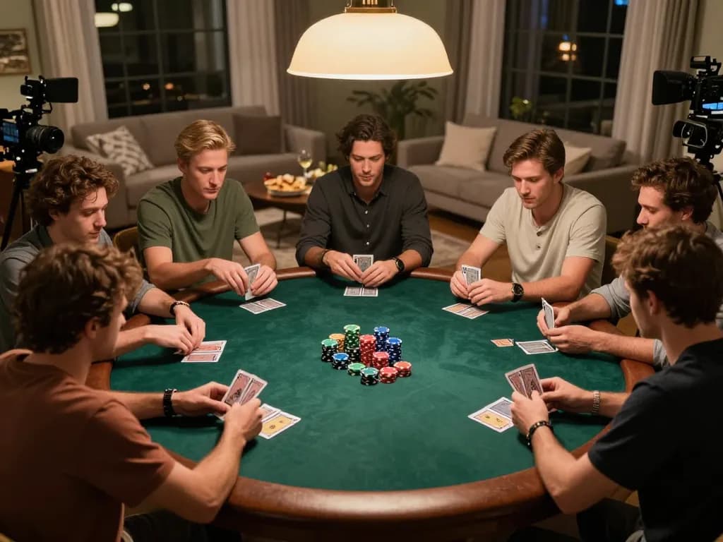 Friends engaging in a strategic poker game at home, showcasing casino atmosphere in 888newcasino.