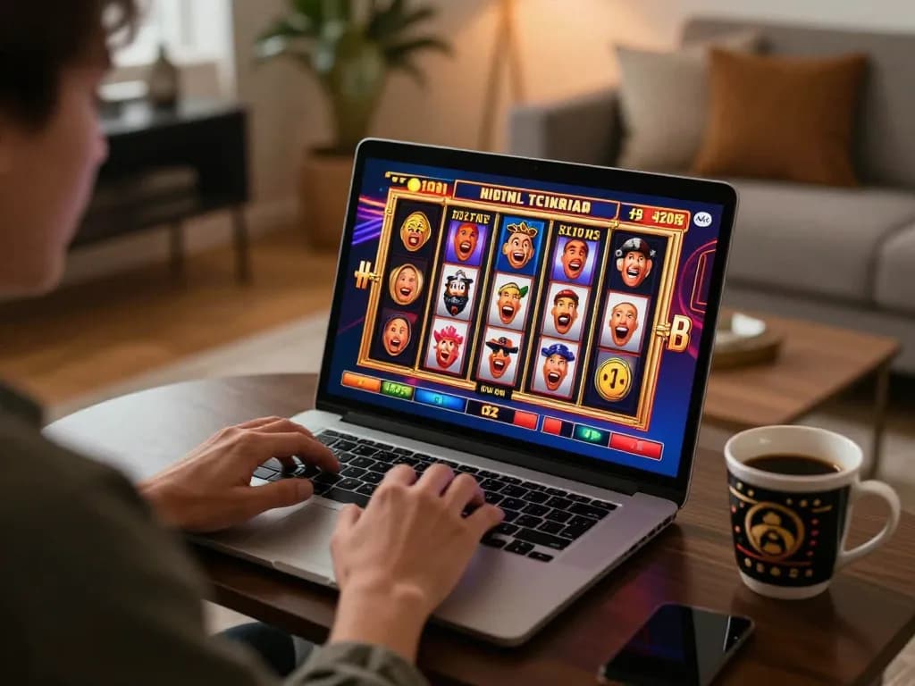 AMAN788 player enjoying online slot games on laptop with vibrant visuals in cozy setting