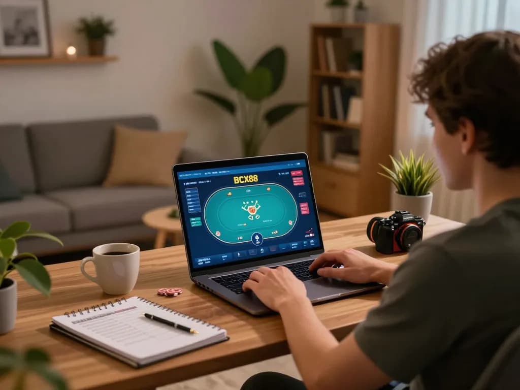 Engage with exciting BCX88 online poker gameplay in a cozy home office.
