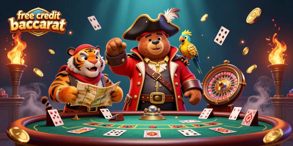 Engage in exciting free credit baccarat with pirate-themed characters in a vibrant 3D casino scene.