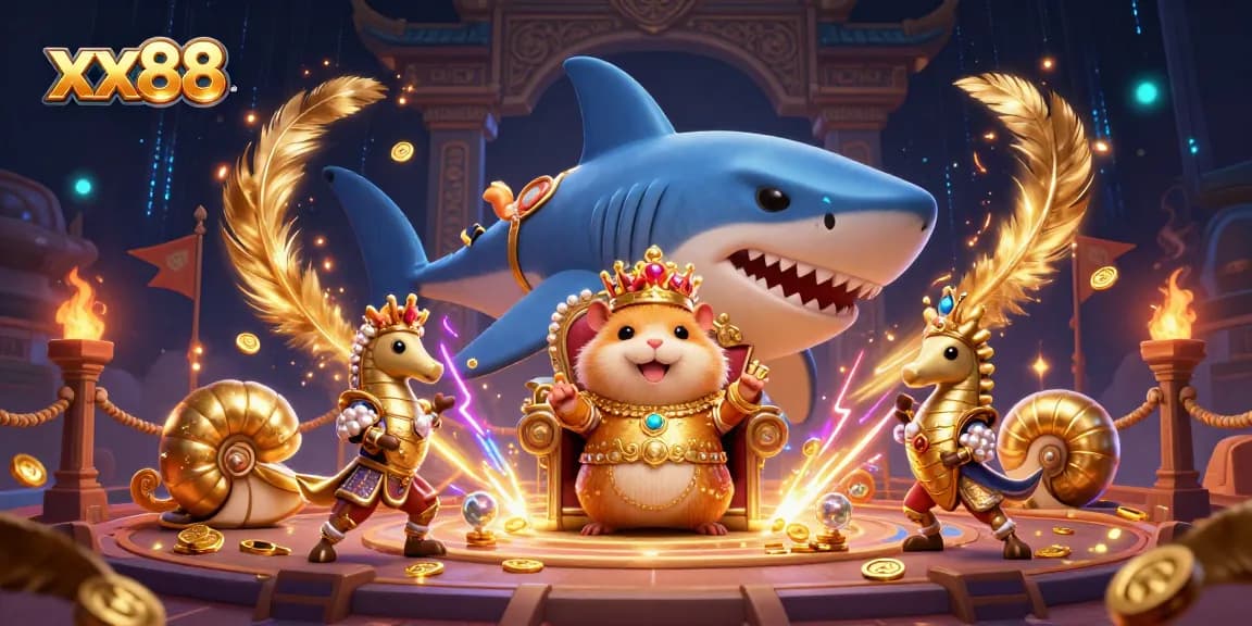 Experience xx88's vibrant gaming world with an epic scene of a tiny hamster king surrounded by aquatic royalty.