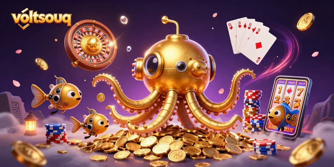 Engage with voltsouq's vibrant casino experience featuring a golden kraken submarine amidst swirling elements.