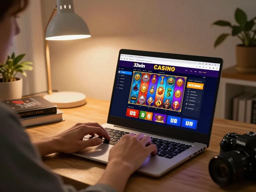 Engaging in online gaming at 32win with vibrant slot game graphics on display.
