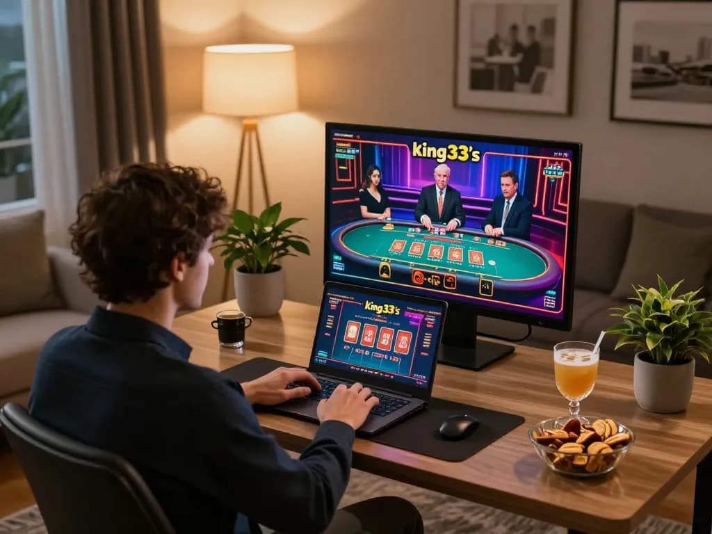 Engaged player using king33 for live dealer casino games at home, showcasing online gaming excitement.