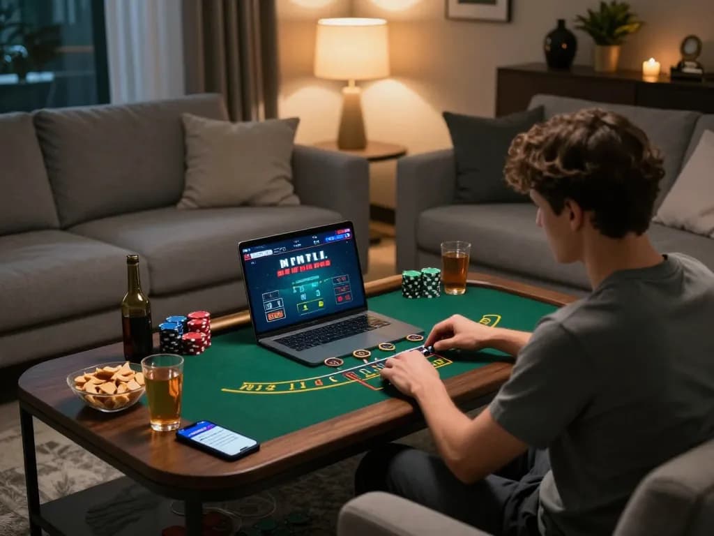 Engaging in live dealer blackjack on iWin's platform, showcasing a cozy home gaming setup.