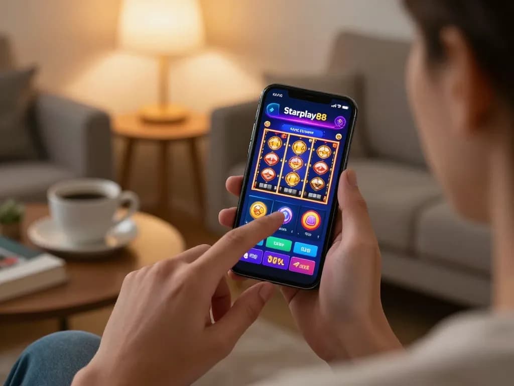 Permainan seluler dengan aplikasi Starplay88 ditampilkan, menunjukkan slot interaktif di suasana nyaman di rumah.