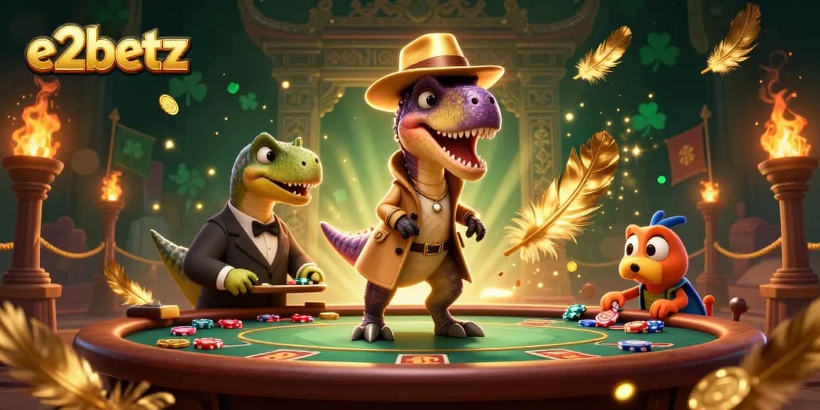 Enhance your gaming experience with e2betz at the blackjack table, featuring animated dinosaur characters.