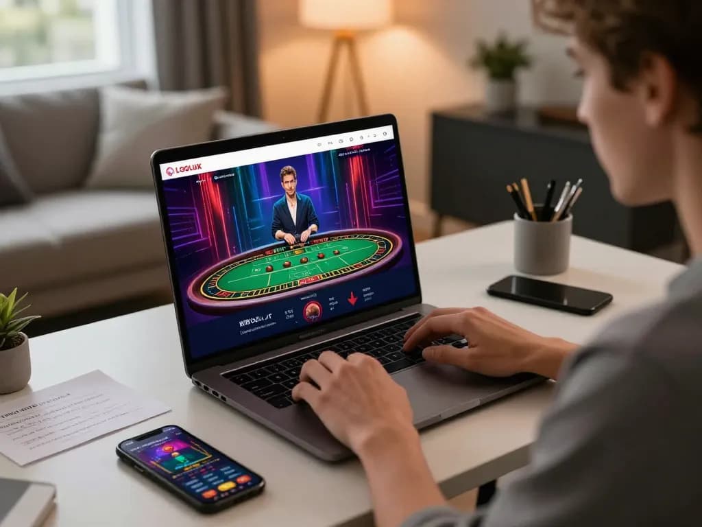 Engaging in a live dealer game on LGOLUX platform with vibrant screen and focused gameplay.