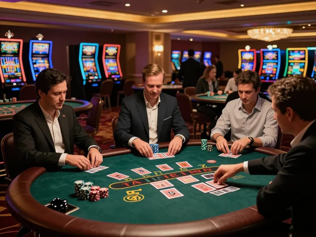 Players at a KJC casino table engaged in thrilling blackjack action with chips and cards