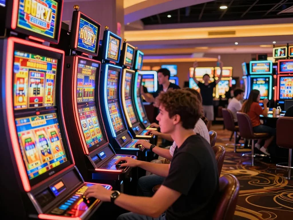 Situs slot gacor excitement with players engaging at vibrant slot machines in a bustling casino.