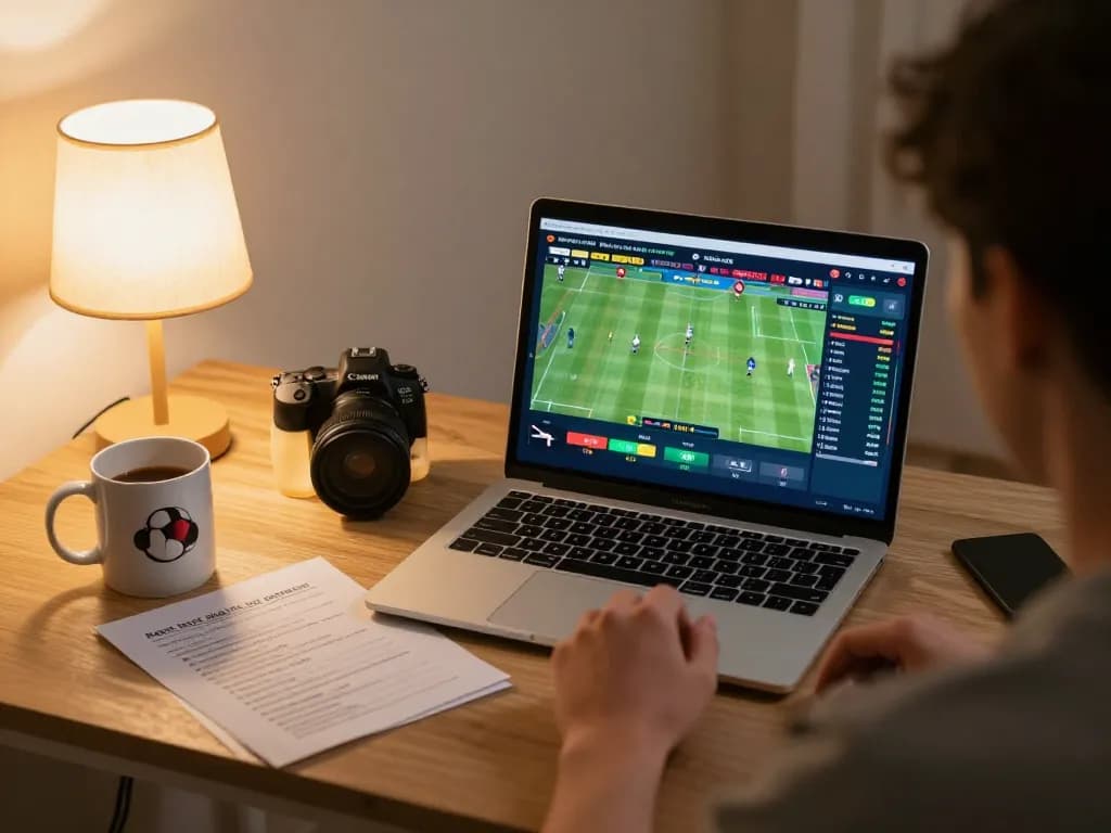 Placing bets on kp88 from a stylish home workspace, engaged in online sports gambling.