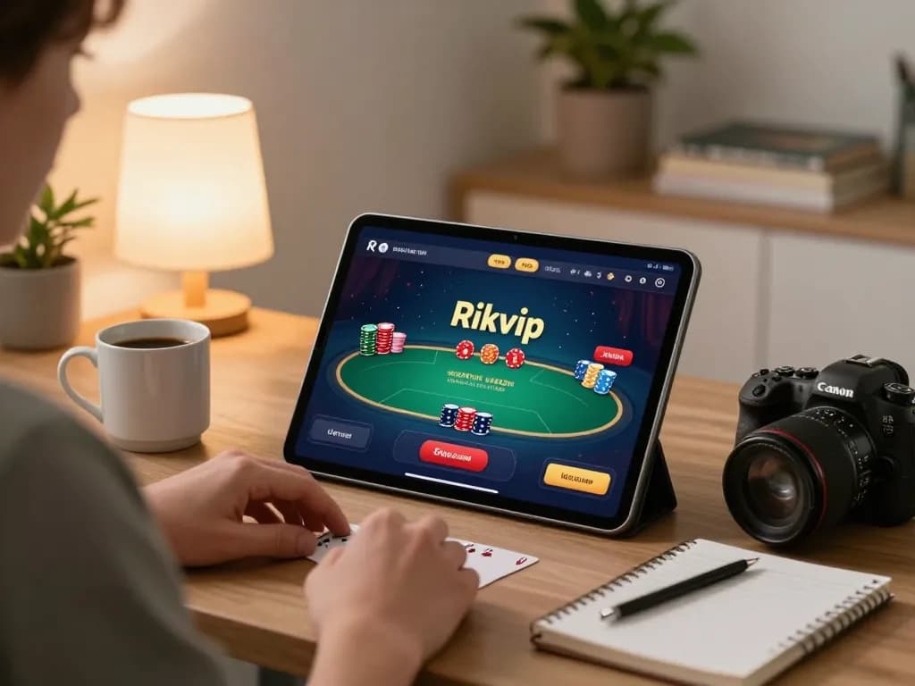 Engaging with Rikvip's poker interface on a tablet in a cozy home setting.