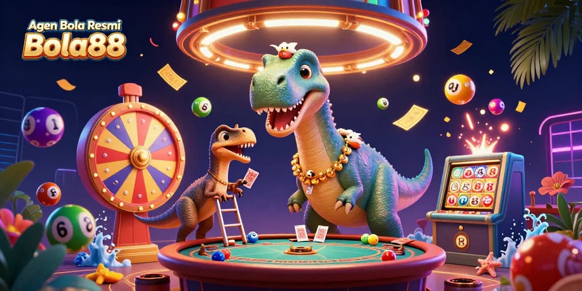 Agen Bola Resmi Bola88 showcases a vibrant casino scene with a dinosaur and raptor dealing cards