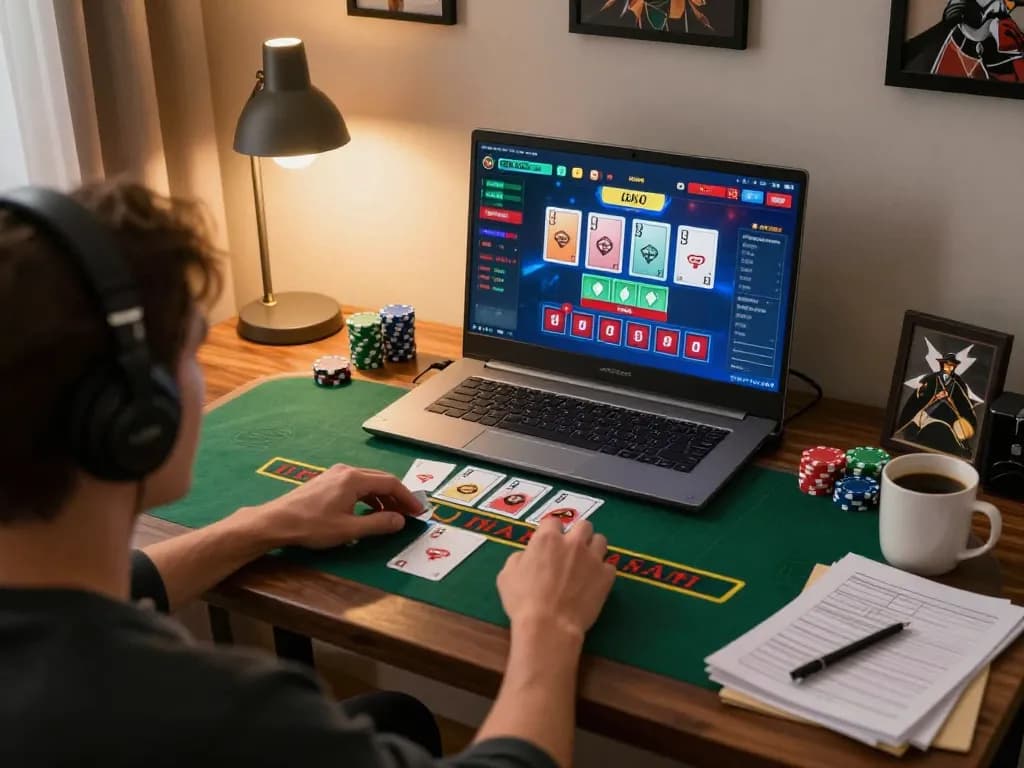 Player enjoying a kdslot game on laptop, engaging in strategic online casino gaming with dynamic dealer interface