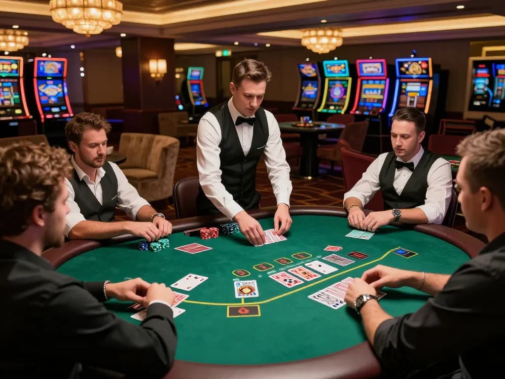Experience the excitement of TG88 blackjack with players strategizing their bets while the dealer deals cards.