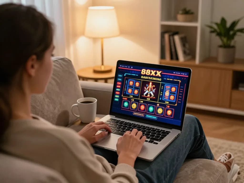 Person playing online games at home on 88xx casino site, enjoying a cozy atmosphere.