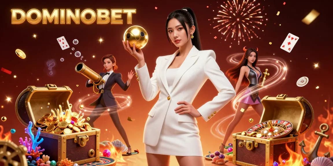 Experience the excitement of DOMINOBET with a stunning 3D illustration of casino elements and gameplay.