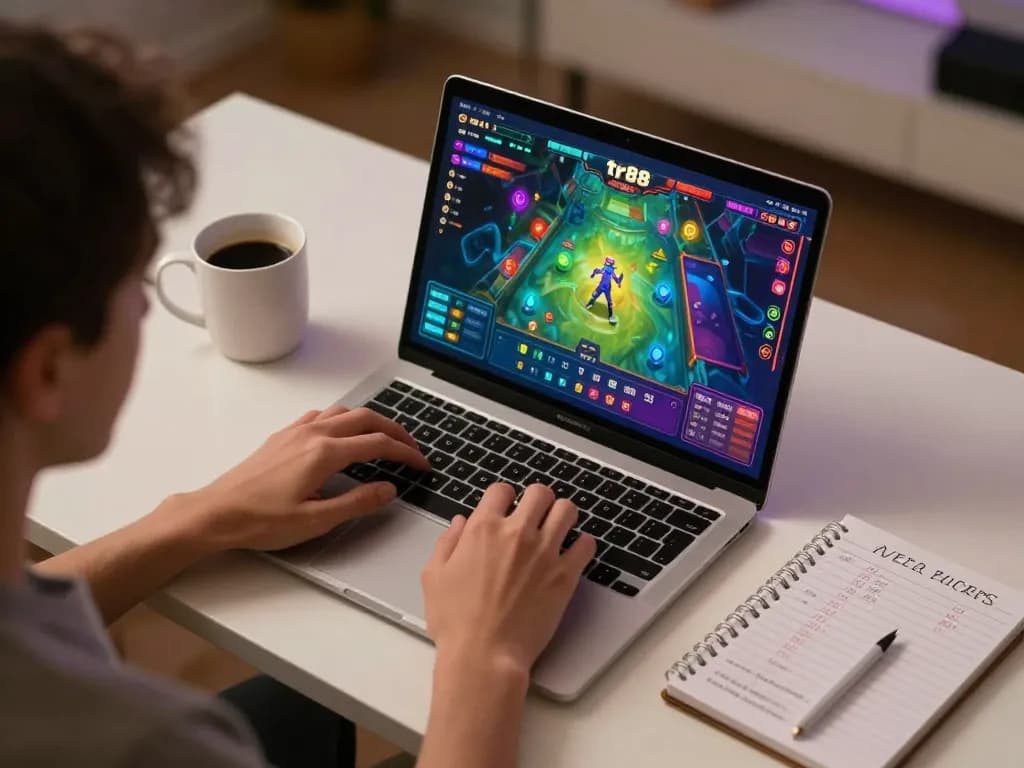 Engaged player enjoying the tr88 game on a laptop, showcasing interactive online casino features in a cozy setting.