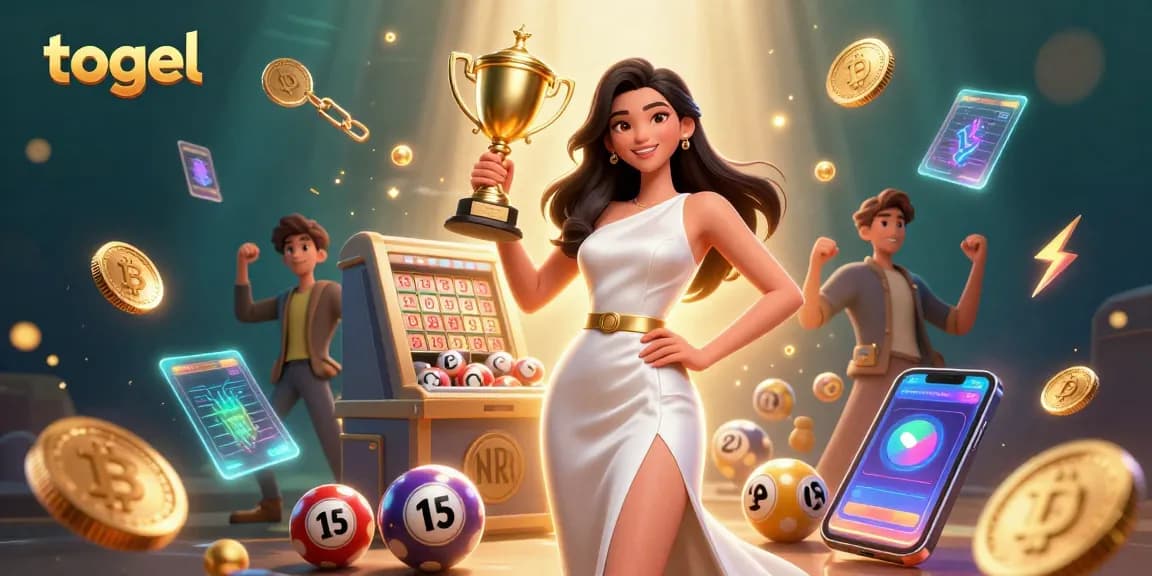 Engage in togel with a confident woman winning a golden trophy, surrounded by vibrant lottery elements.