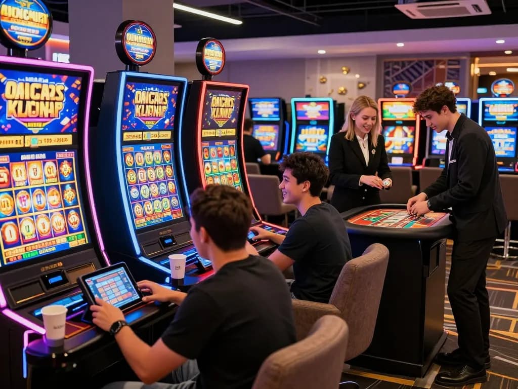 Players enjoying free credit 918kiss in an exciting online casino atmosphere with vibrant slot machines and friendly dealers.
