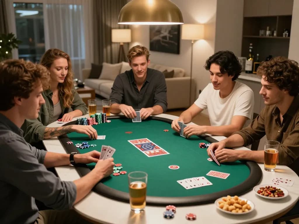 Friends enjoying an exciting poker game night at home, showcasing the thrill of social gambling with 789win2.