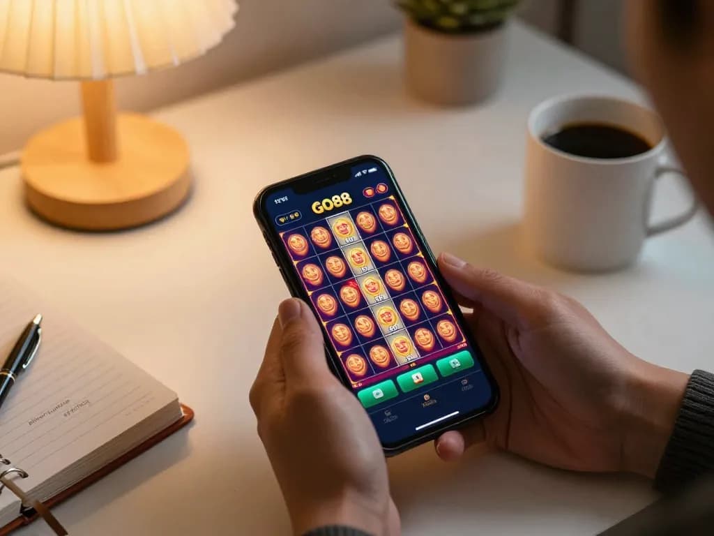 Engaging gameplay on the GO88 app with smartphone showing vibrant slots interface in cozy setting.