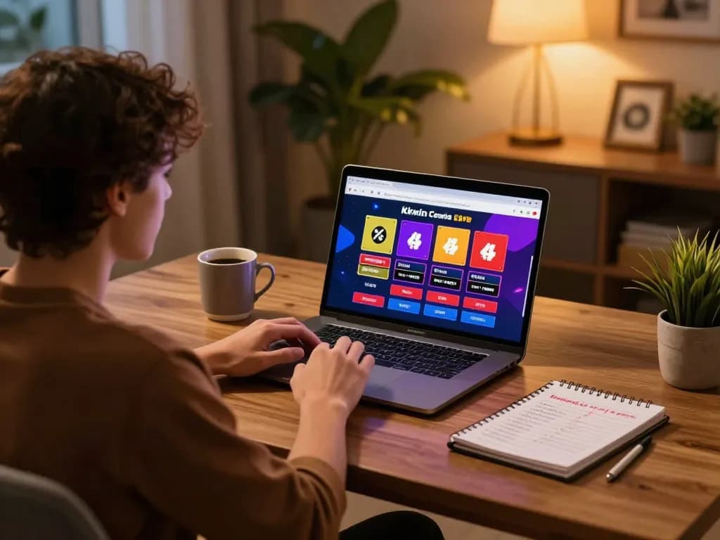Player enjoying kkwin's online casino experience at home with laptop and strategy notes