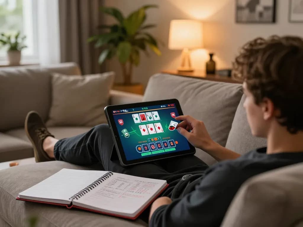 Player using a tablet for live dealer blackjack on w188 platform, showcasing engaging online gambling.