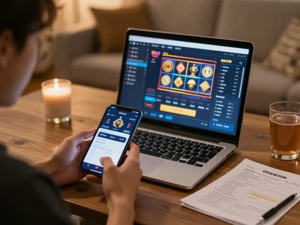 Engaging online slot gacor gameplay shown on laptop, showcasing exciting betting options.