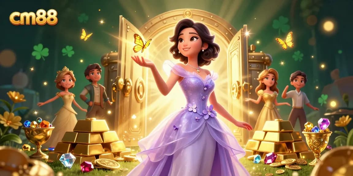Experience the excitement at cm88 with a vibrant, magical casino scene overflowing with treasure.