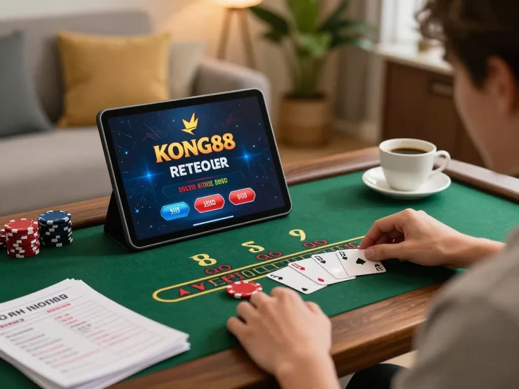 KONG88 player engaged in live dealer blackjack on a tablet, highlighting home gaming comfort.