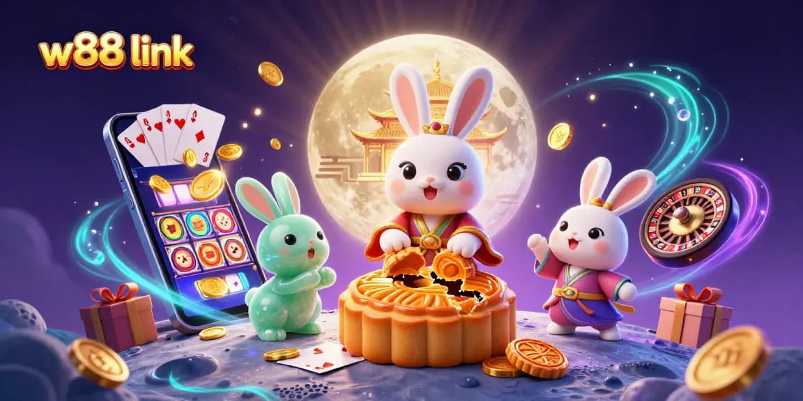 Engage with the vibrant w88 link world as playful moon rabbits reveal poker chips in a casino-themed lunar setting.